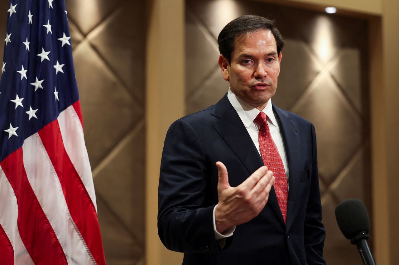 Secretary of State Marco Rubio speaks to the members of press in Antalya, Turkey, on Thursday.