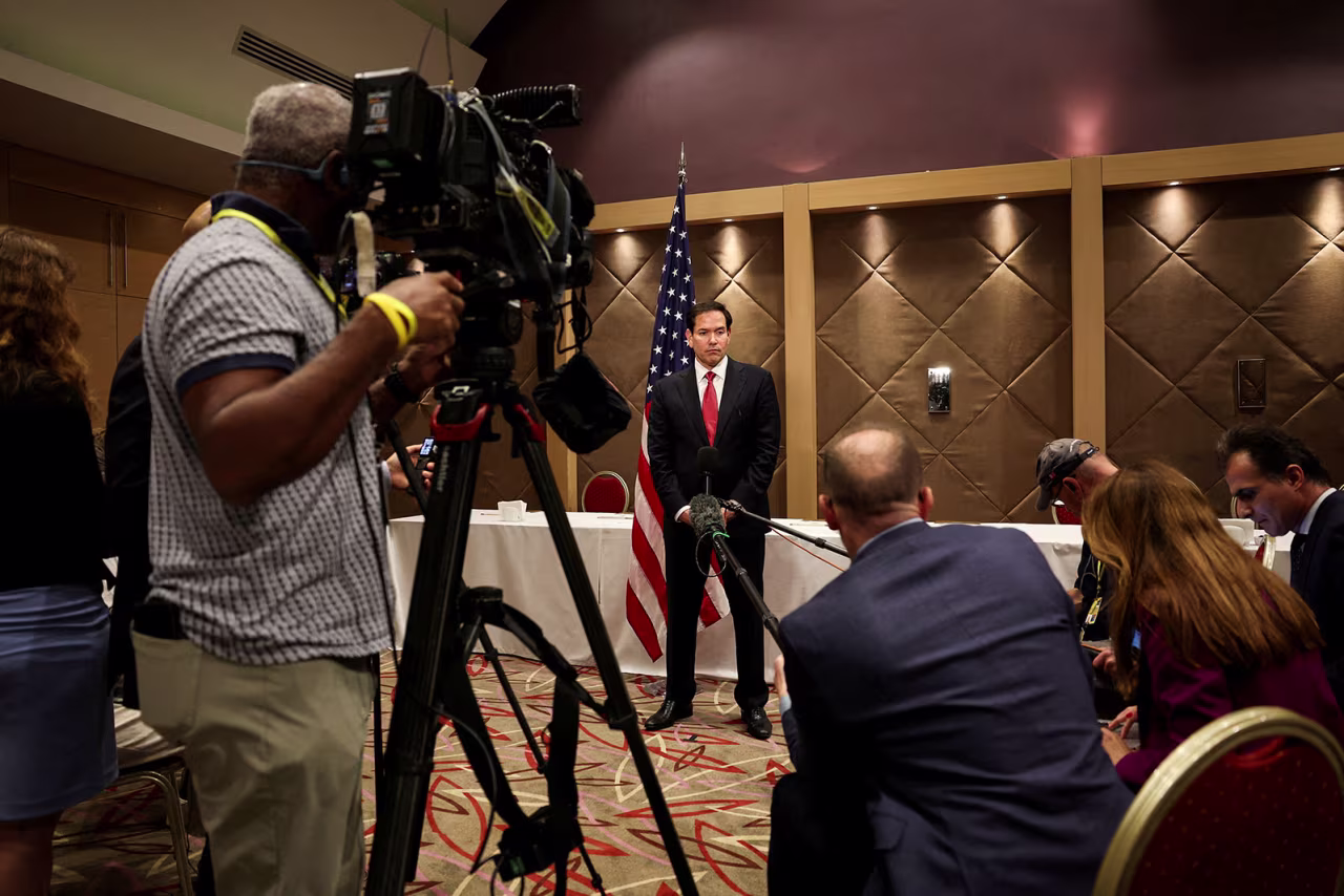 US Secretary of State Marco Rubio speaks to the members of press, following NATO foreign ministers' informal meeting, in Antalya, Turkey on Thursday.