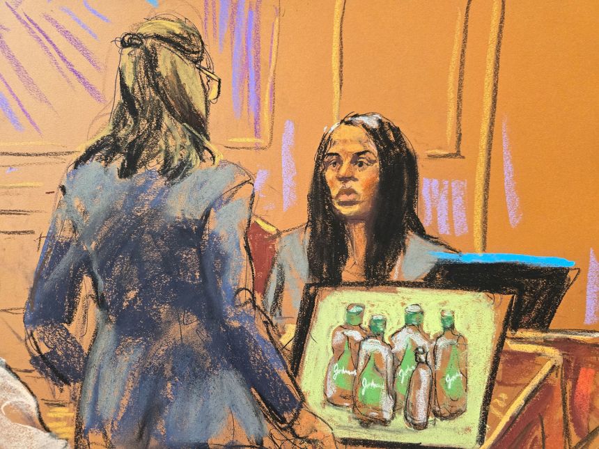 Special agent Yasin Binda, shows evidence photos from the hotel where Combs was arrested, including baby oil, in this courtroom sketch.