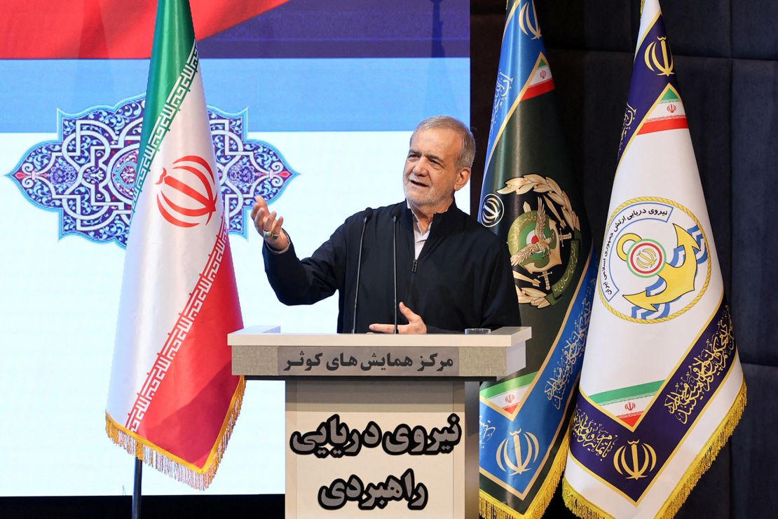 Iran's President Masoud Pezeshkian, pictured on May 17, in Tehran, accused his US counterpart of spouting "contradictory statements" of "peace, bloodshed and insecurity."