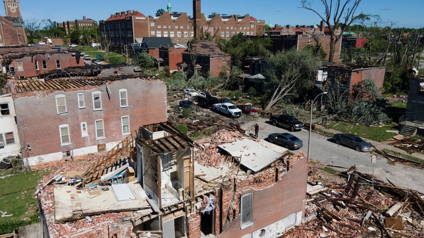 A drone view shows the aftermath of an EF3 tornado in St. Louis, Missouri.