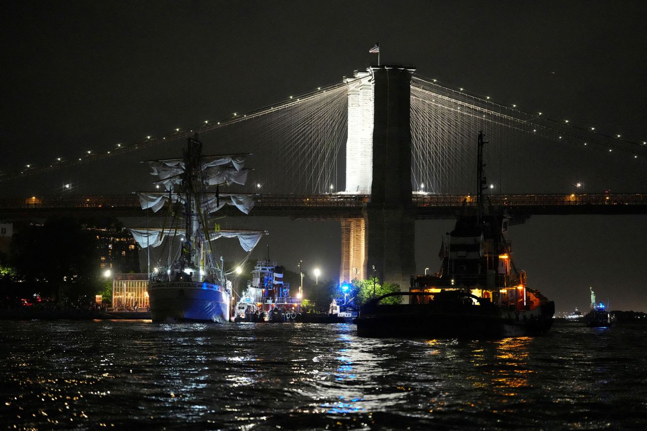The ship is seen damaged after it ran into the Brooklyn Bridge.