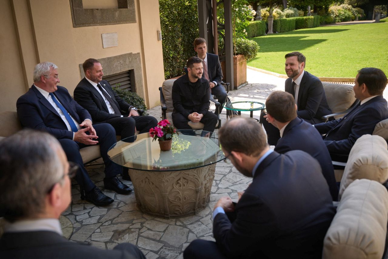Ukrainian President Volodymyr Zelensky meets with US Vice President JD Vance and US Secretary of State Marco Rubio in Rome on Sunday.
