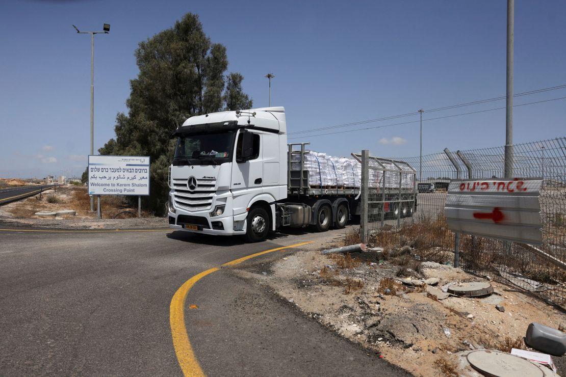 A truck carrying aid makes its way to Gaza at the Kerem Shalom crossing on May 19.