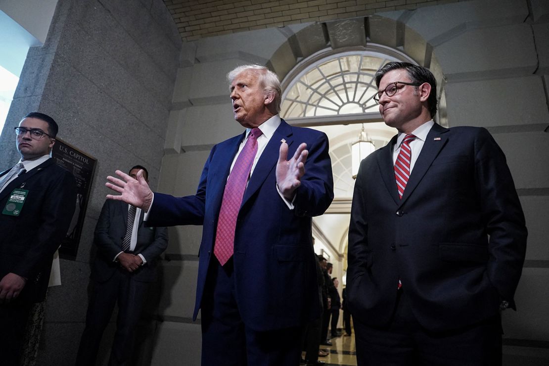 President Donald Trump gestures next to House Speaker Mike Johnson (R-LA), on the day of a closed House Republican Conference meeting on Capitol Hill in Washington, DC, US, May 20, 2025.