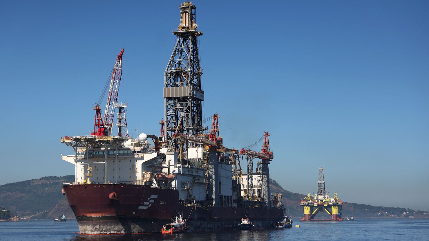 A drill ship operated by Brazil's state-run oil company Petrobras, in the Guanabara Bay in Rio de Janeiro, Brazil on May 20, 2025.
