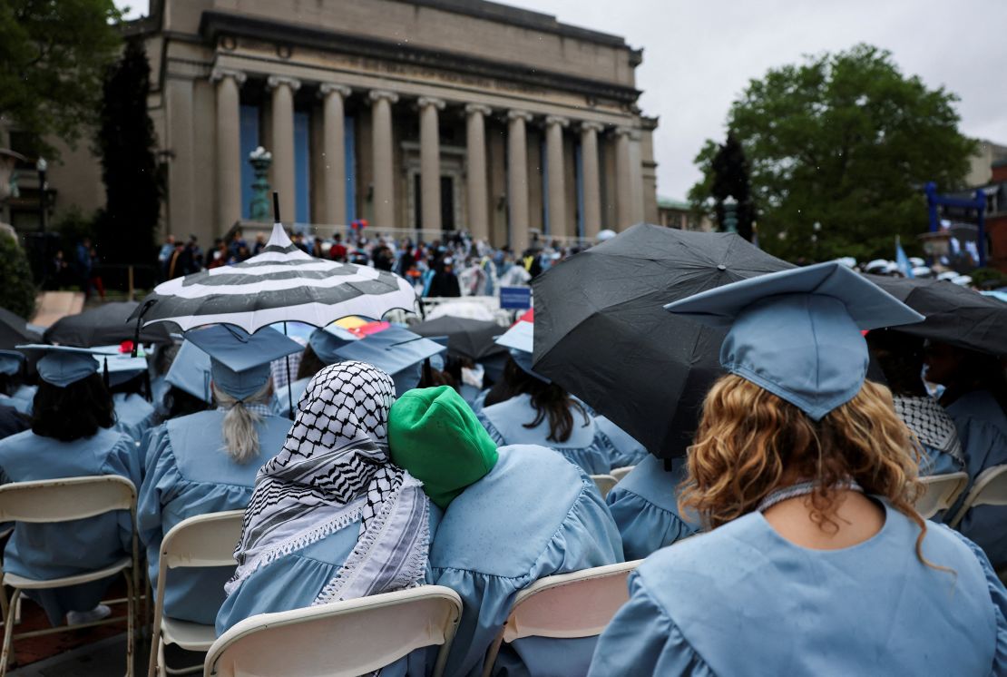 A Pro-Palestinian student wears a keffiyeh during the Columbia University commencement ceremony on its main campus, in Manhattan, New York City, on May 21.