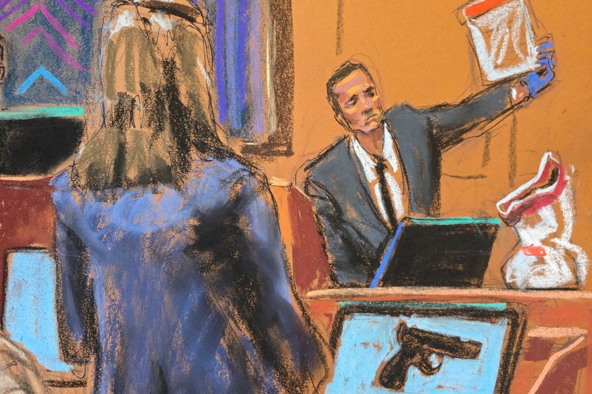 In this courtroom sketch, Homeland Security Investigations Special Agent Gerard Gannon holds up bullets in an evidence bag during questioning Wednesday.
