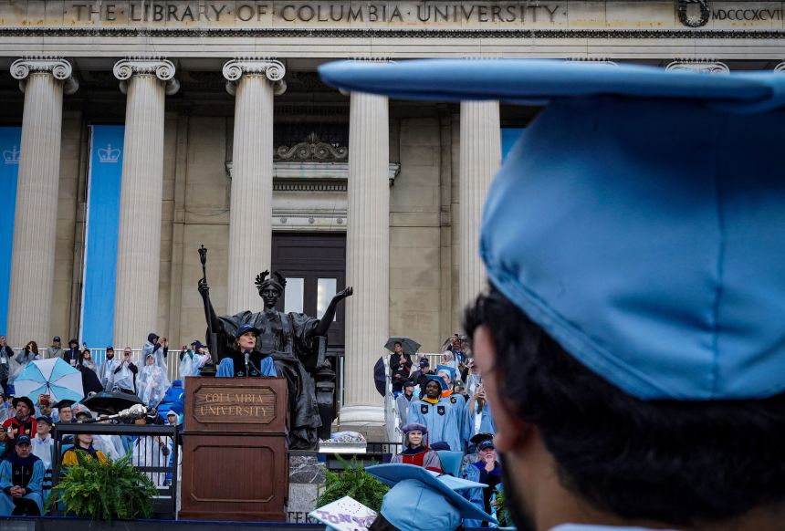 Columbia University President Claire Shipman speaks May 21 to graduating students at the commencement ceremony on the school's main campus in New York.