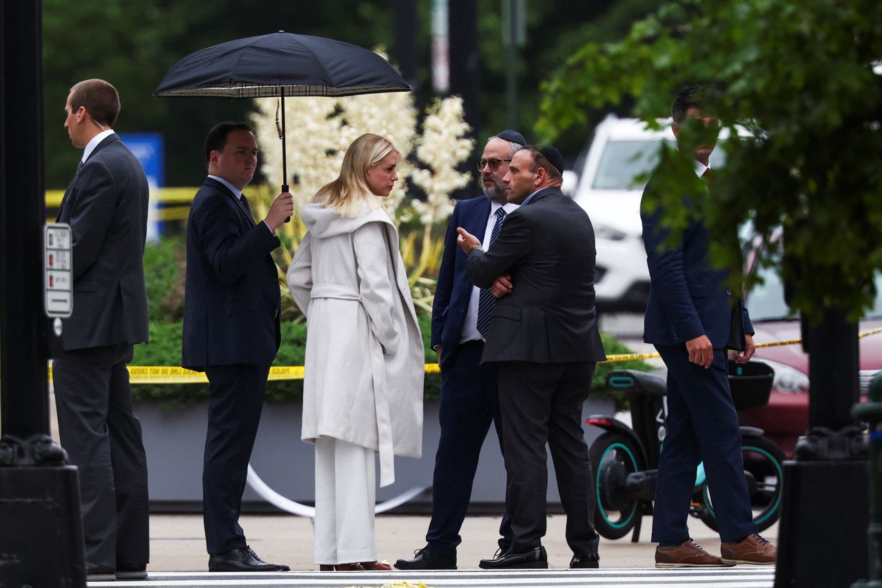 U.S. Attorney General Pam Bondi stands near the site where two Israeli embassy staff were shot dead in Washington, D.C.