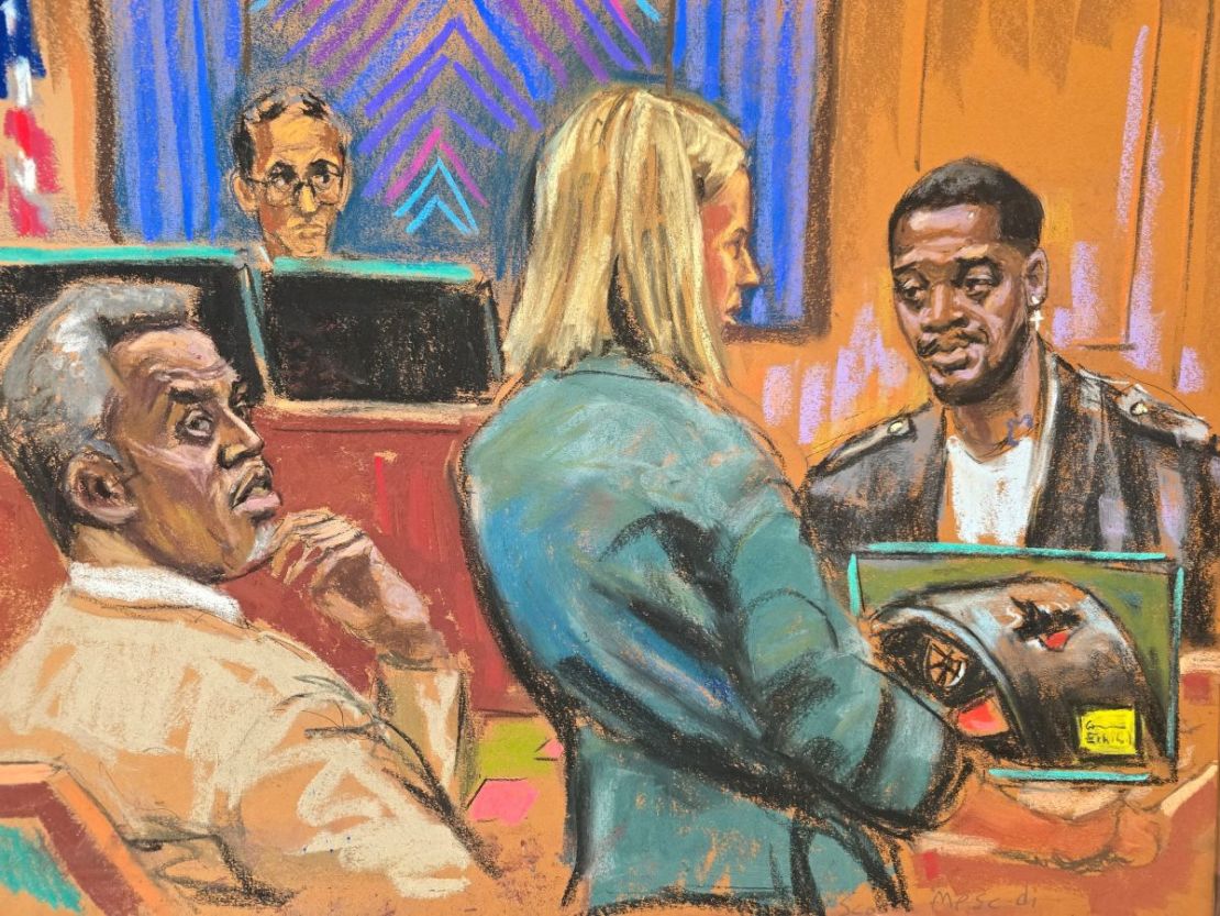 La fiscal Emily Johnson interroga al rapero Kid Cudi, conocido en el tribunal como Scott Mescudi, mientras testifica en el juicio por tráfico sexual de Sean "Diddy" Combs en Nueva York el 22 de mayo.