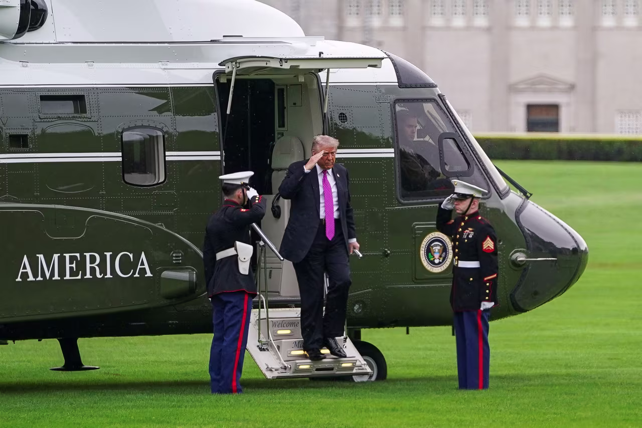President Donald Trump arrives at West Point Military Academy in West Point, New York, on Saturday.