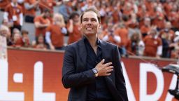 May 25, 2025; Paris, FR; Rafael Nadal of Spain does a final walk around the court during the presentation ceremony paying tribute to his career on a packed Court Philippe Chatrier Courtday on day one at Roland Garros Stadium. Mandatory Credit: Susan Mullane-Imagn Images