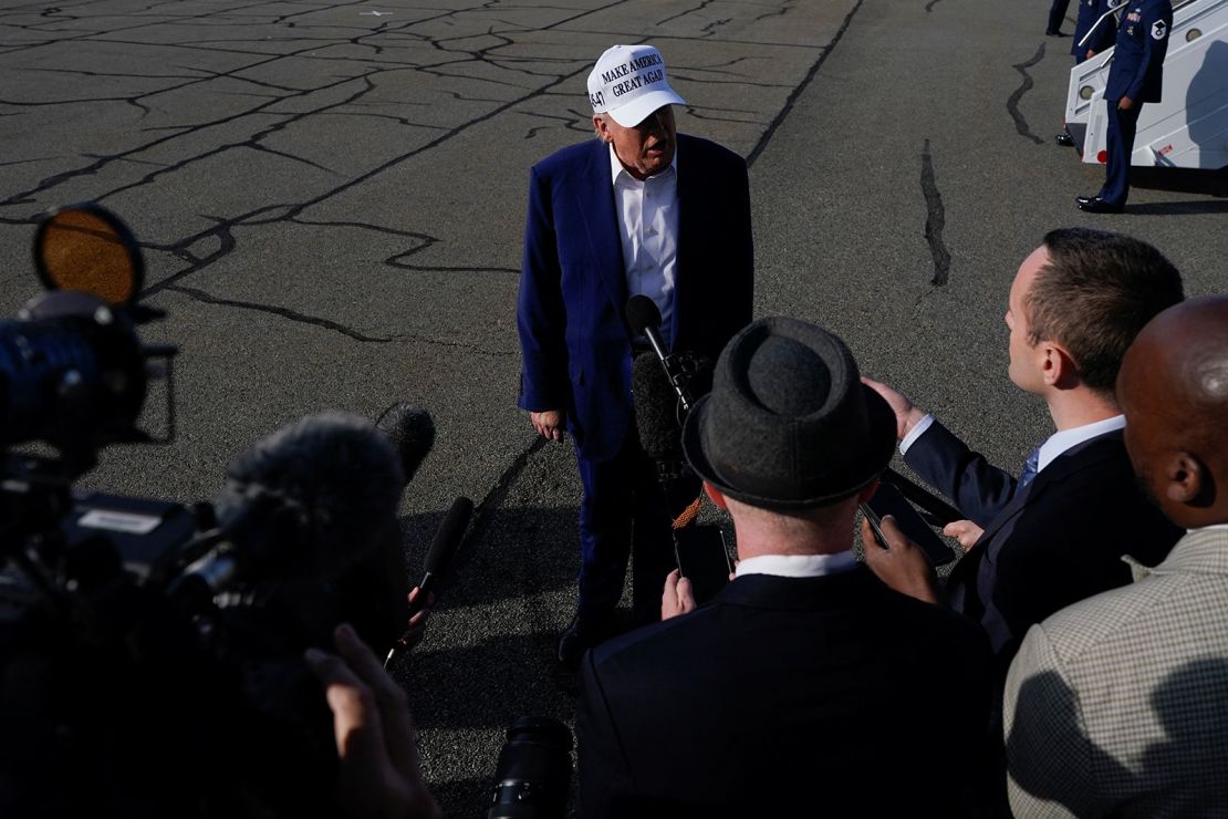 President Donald Trump speaks to the media before boarding Air Force One at Morristown Municipal Airport in Morristown, New Jersey, on May 25, 2025.