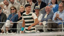 Carlos Alcaraz of Spain reacts to a point during his match against Fabian Marozsan of Hungary on day four at Roland Garros Stadium in Paris on May 28, 2025.