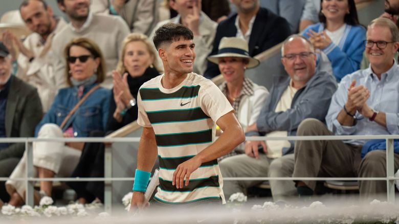 Carlos Alcaraz of Spain reacts to a point during his match against Fabian Marozsan of Hungary on day four at Roland Garros Stadium in Paris on May 28, 2025.