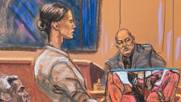 Sean "Diddy" Combs watches as prosecutor Christy Slavik questions Los Angeles fire arson investigator Lance Jimenez near a photograph of the interior of a car that had caught fire, at Combs' sex trafficking trial in New York City, New York, U.S., May 28, 2025 in this courtroom sketch.