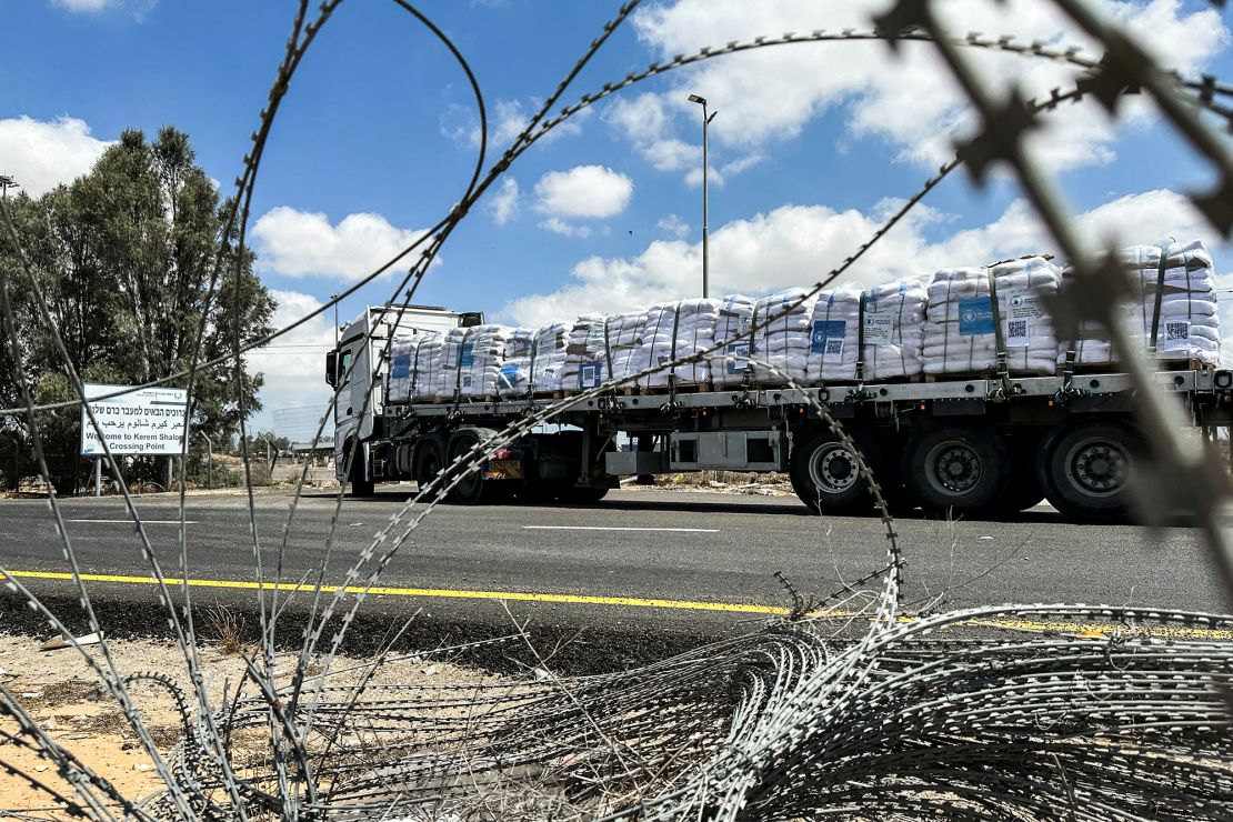 A truck carrying aid arrives at the Kerem Shalom crossing between Israel and Gaza, on its Israeli side, May 28, 2025.
