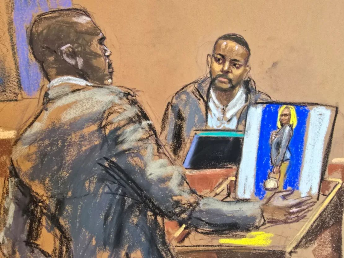 El abogado Xavier Donaldson interroga a Deonte Nash mientras testifica el jueves, en este boceto judicial.