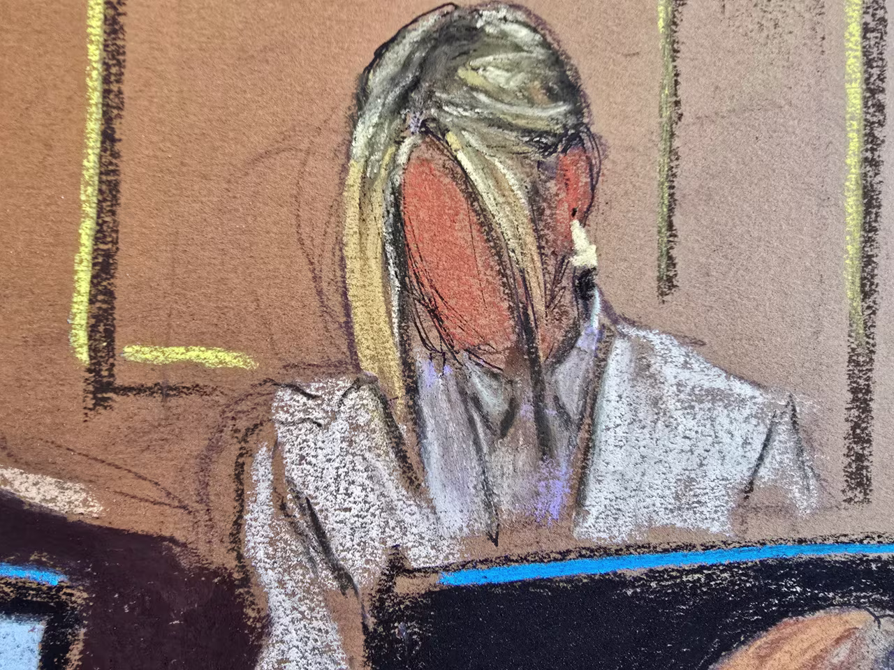 Mia testifies on Friday, in this courtroom sketch.