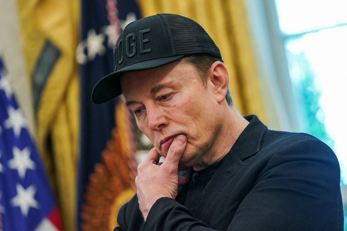 Elon Musk reacts during a press conference with President Donald Trump (not pictured), at the White House in Washington, DC, on May 30.