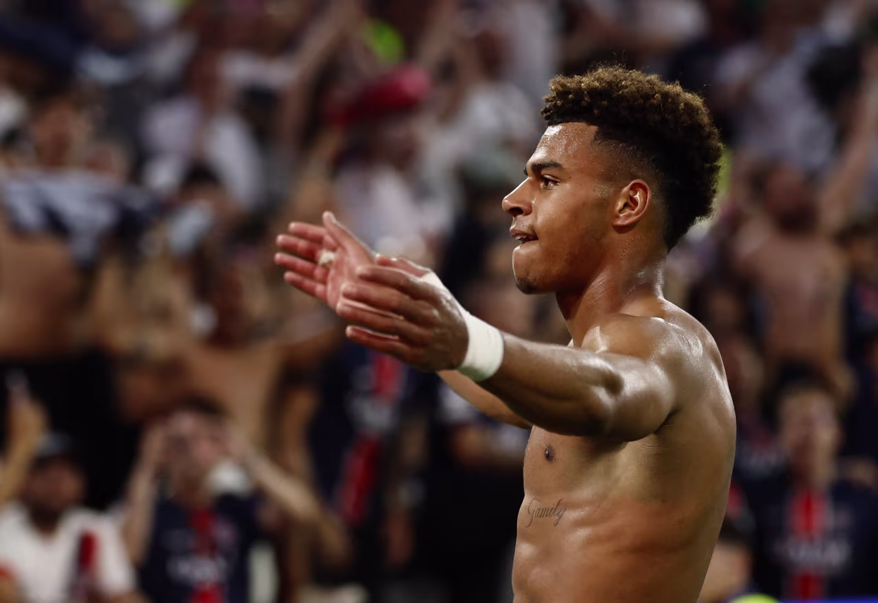 Désiré Doué celebrates his second goal of the match.
