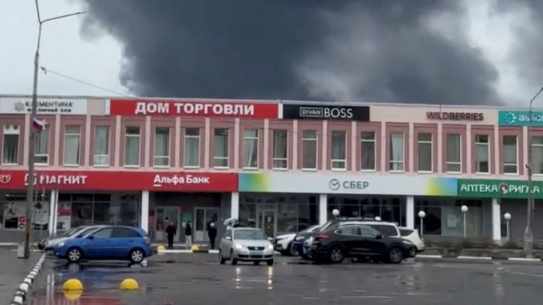 Smoke rises following what local authorities called a Ukrainian drone attack, in the course of Russia-Ukraine conflict, in Olenegorsk of the Murmansk region, Russia, in this still image from social media video released on June 1, 2025.