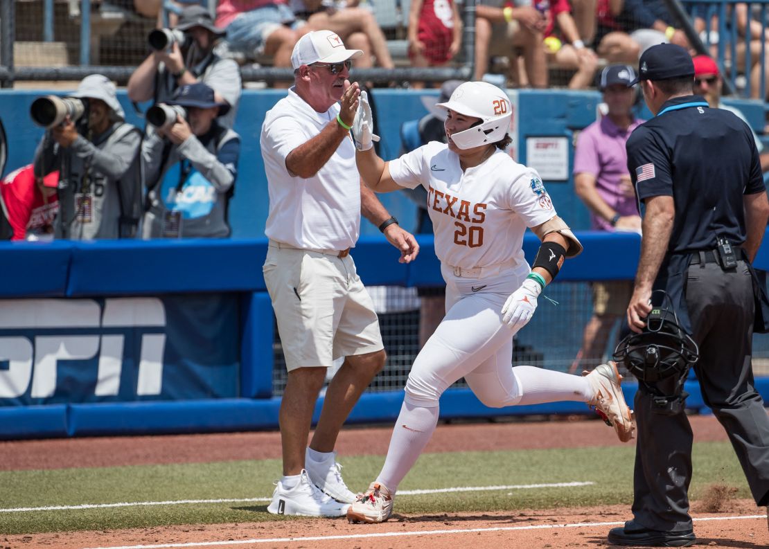 Texas' Katie Stewart after her home run in the fourth inning to take a 1-0 lead against Tennessee during the NCAA semifinal at Devon Park.