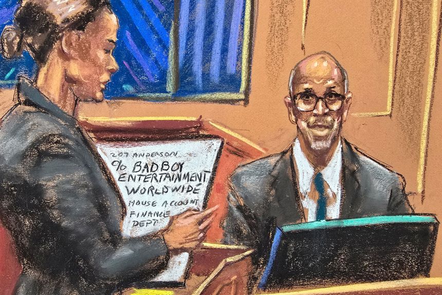 Prosecutor Christy Slavik questions Derek Ferguson, the former CFO of Bad Boy Entertainment, on Tuesday.