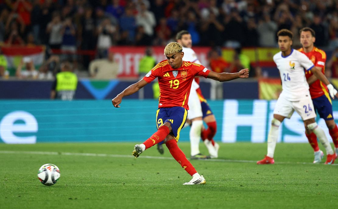 Yamal scores his first goal of the semifinal from the penalty spot.