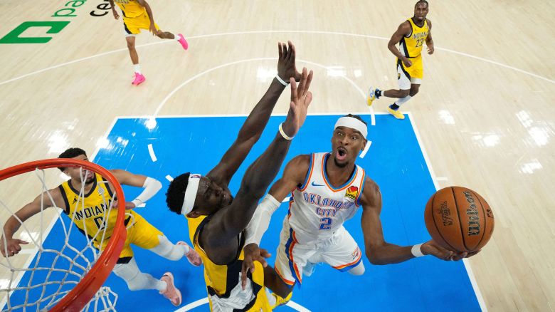 Jun 5, 2025; Oklahoma City, Oklahoma, USA; Oklahoma City Thunder guard Shai Gilgeous-Alexander (2) shoots the ball against Indiana Pacers forward Pascal Siakam (43) during the second quarter in game one of the 2025 NBA Finals at Paycom Center. Mandatory Credit: Kyle Terada-Imagn Images
