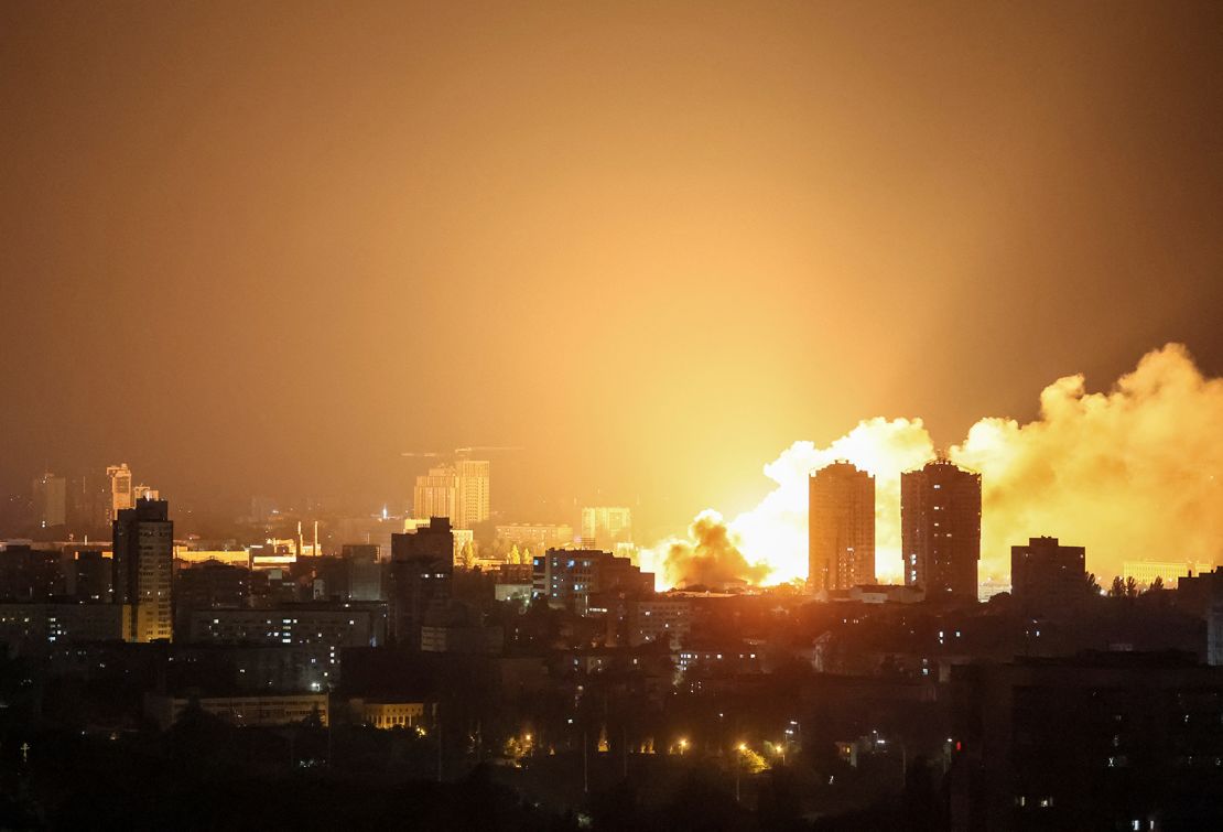 Fire and smoke rise in the Ukrainian capital of Kyiv on Friday after a Russian drone strike.