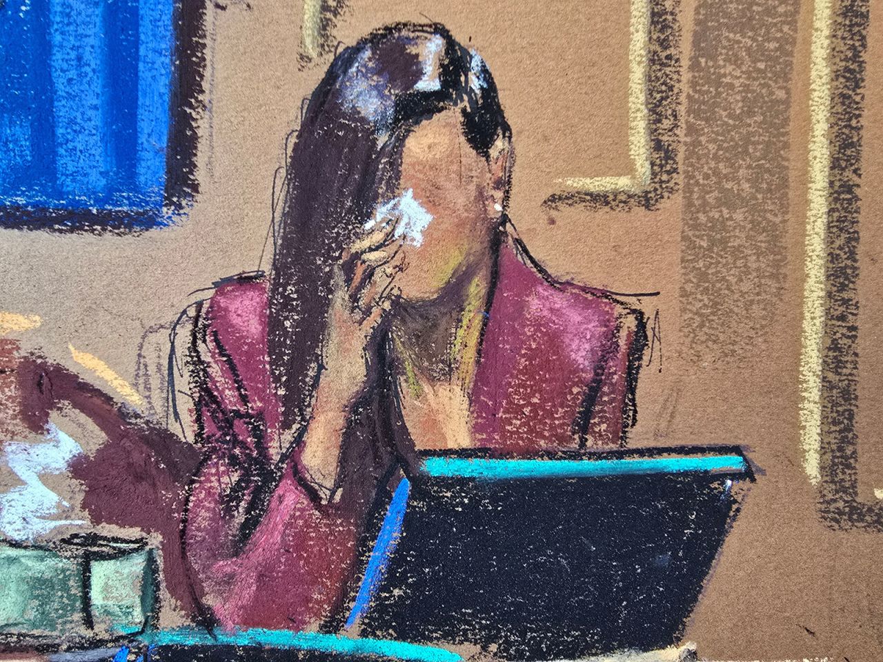 "Jane" testifies on Friday in this courtroom sketch.