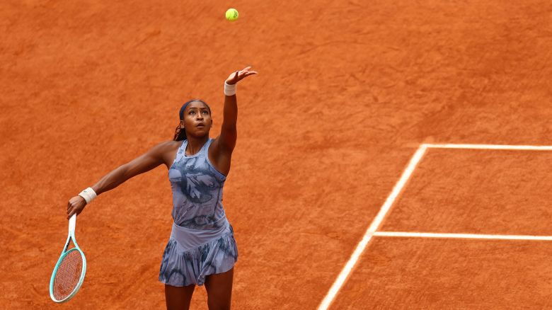 Coco Gauff serves during the French Open final against Aryna Sabalenka.