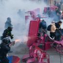 Police clear demonstrators after they blocked a street with a barricade during a protest against federal immigration sweeps in downtown Los Angeles, California, U.S. June 8, 2025.