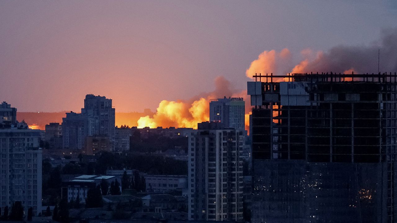An explosion of a drone lights up the sky over the city during a Russian drone strike, amid Russia's attack on Ukraine, in Kyiv, Ukraine June 10, 2025.
