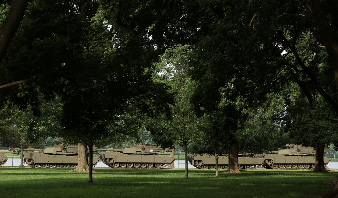 M1A2 Abrams tanks are parked in West Potomac Park in Washington, DC on Tuesday, June 10, 2025, ahead of the upcoming US Army 250th anniversary celebration parade.