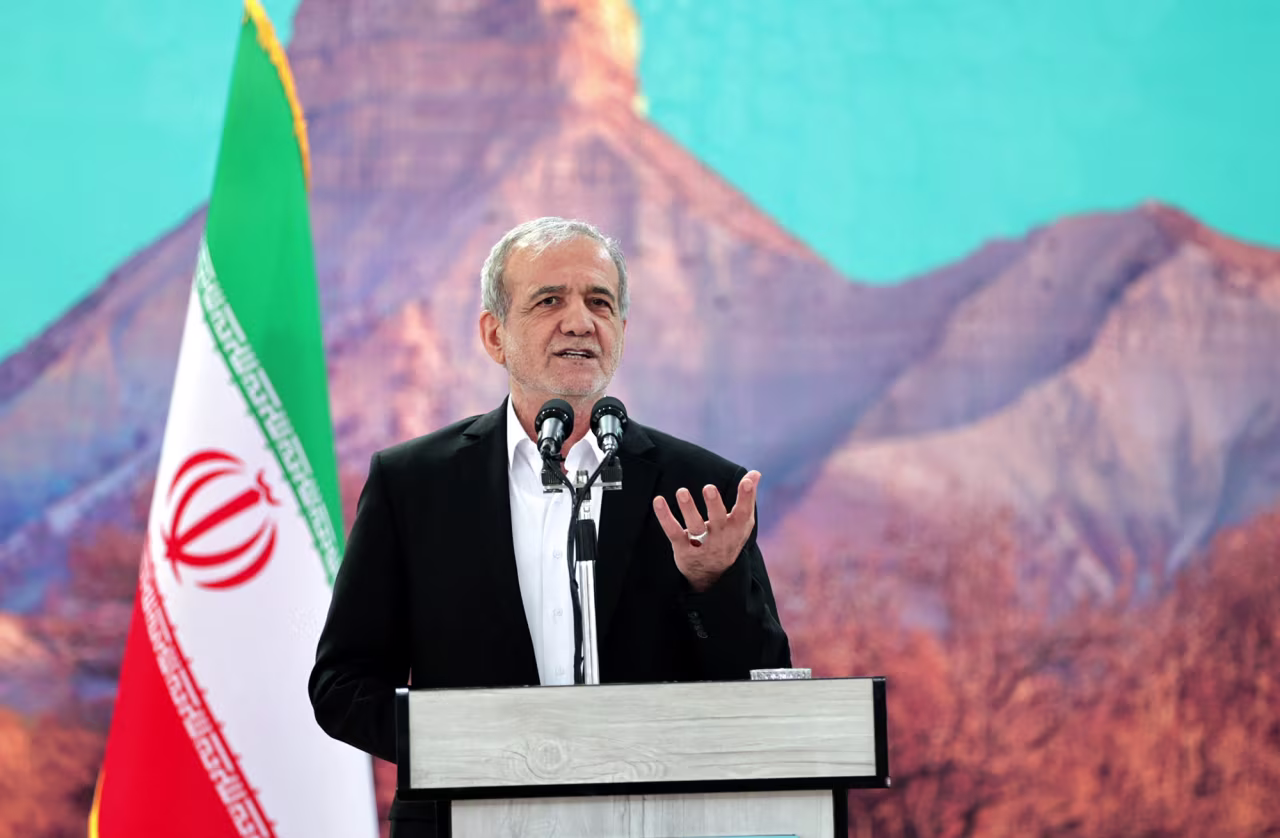 Iranian President Masoud Pezeshkian speaks during a meeting in Ilam, Iran, on June 12.
