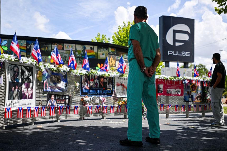 A memorial is displayed outside the former Pulse nightclub on June 12, nine years after a mass shooting killed 49 people in Orlando, Florida.