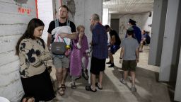 Israelis gather in a bomb shelter following sirens in Tel Aviv on June 13.