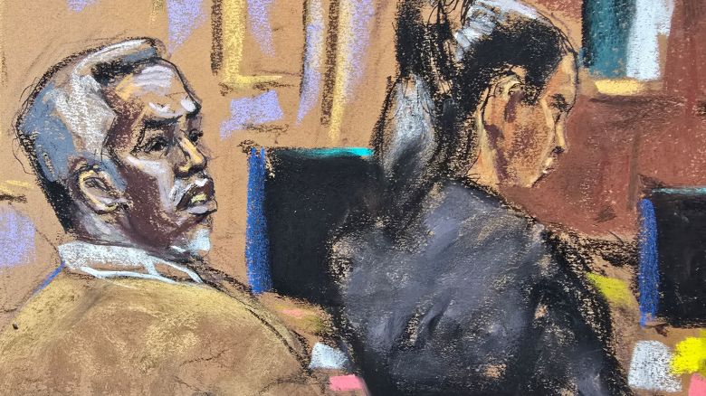 Sean "Diddy" Combs listens as lawyer Marc Agnifilo makes arguments during Combs' sex trafficking trial in New York City, New York, U.S., June 13, 2025 in this courtroom sketch. REUTERS/Jane Rosenberg