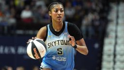 Jun 15, 2025; Uncasville, Connecticut, USA; Chicago Sky forward Angel Reese (5) returns the ball against the Connecticut Sun in the first half at Mohegan Sun Arena. Mandatory Credit: David Butler II-Imagn Images