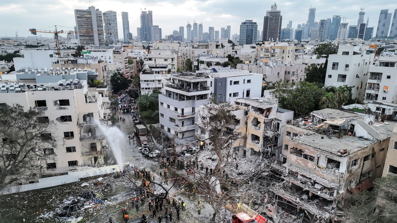 A drone photo shows the damage over residential homes at the impact site following missile attack from Iran on Israel, in Tel Aviv, Israel June 16, 2025. REUTERS/Moshe Mizrahi