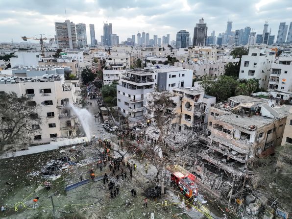 This photo, taken with a drone, shows damaged residential homes in Tel Aviv, Israel, on Monday.