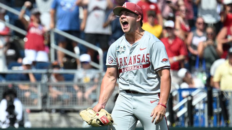 Jun 16, 2025; Omaha, Neb, USA; Arkansas Razorbacks starting pitcher Gage Wood (14) celebrates completing a no hitter \against the Murray State Racers at Charles Schwab Field. Mandatory Credit: Steven Branscombe-Imagn Images