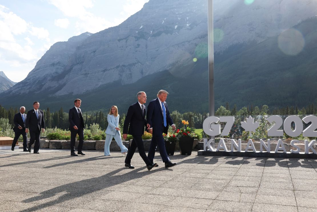President of the Council of Europe, Antonio Costa, Japanese Prime Minister Isgaba, Italian Prime Minister Giorgia Meloni, French President Emmanuel Macron, Canadian Prime Minister Mark Carney and President Donald Trump will arrive in photos of his family during the G7 Summit held in Cananaskis, Alberta, Canada on June 16, 2025.