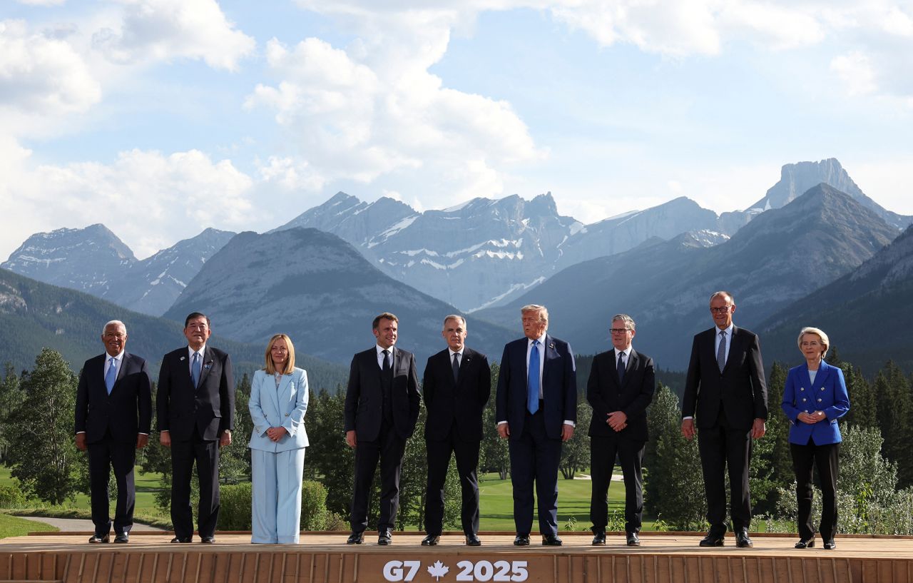 European Council President Antonio Costa, Japan's Prime Minister Shigeru Ishiba, Italian Prime Minister Giorgia Meloni, French President Emmanuel Macron, Canada's Prime Minister Mark Carney, U.S. President Donald Trump, British Prime Minister Keir Starmer, German Chancellor Friedrich Merz and European Commission President Ursula von der Leyen pose for a family photo during the G7 Summit, in Kananaskis, Alberta, Canada, on June 16.