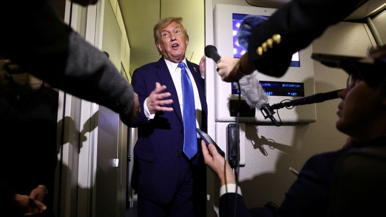 President Donald Trump speaks to reporters aboard Air Force One after departing early from the the G7 summit in Canada to return to Washington, on Tuesday, June 17.