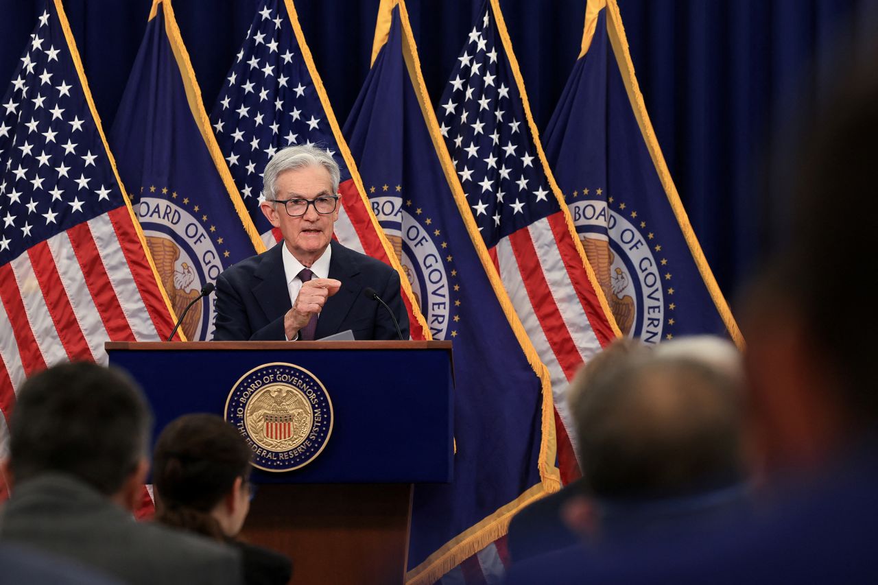 U.S. Federal Reserve Chair Jerome Powell attends a press conference following the issuance of the Federal Open Market Committee's statement on interest rate policy in Washington, today.
