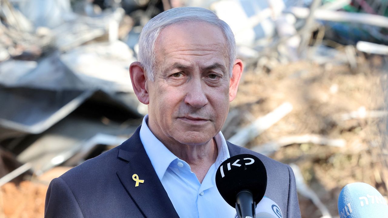 Prime Minister Benjamin Netanyahu gives a statement during a visit to the site of the Weizmann Institute of Science, which was hit by an Iranian missile barrage, in the central city of Rehovot, Israel, on June 20.